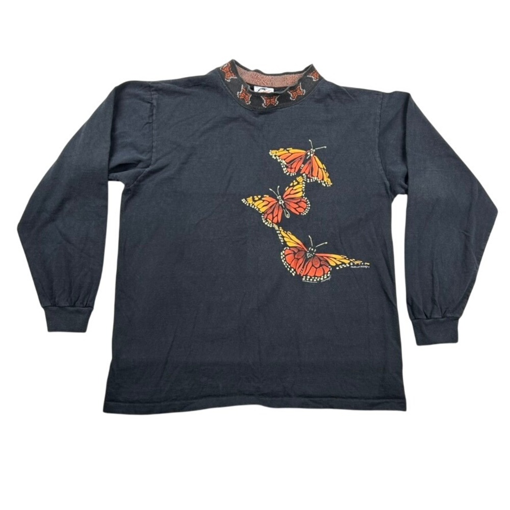 Vintage Harlequin Shirt Womens L Butterfly Knit Collar Long Sleeve Black USA 90s